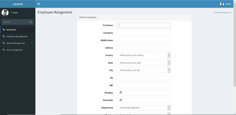 create employee page in employee management system